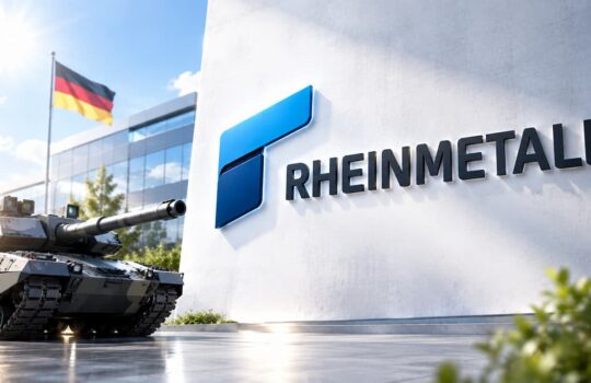 Angled view of a Rheinmetall sign on a white wall with a modern tank parked in front and a German flag in the background.