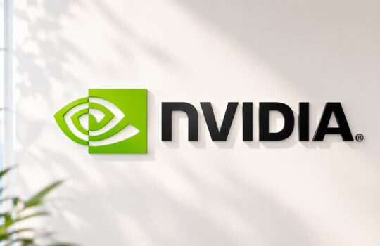 NVIDIA logo on a light wall: a green square with a stylized eye and the word NVIDIA in black letters