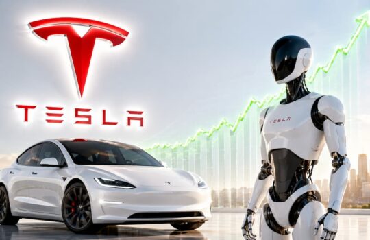 White Tesla car beside a humanoid robot on a sunny rooftop, with the Tesla logo and a green rising stock chart in the background.