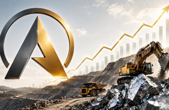 Large metal 'A' logo with circle beside a construction site and a rising chart arrow, symbolizing growth in industry.