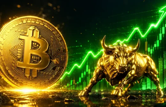 Gold Bitcoin coin and a golden bull with a rising green stock chart, symbolizing a bullish crypto market.