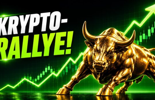 Golden bull charging in front of a rising green chart with the bold text 'KRYPTO-RALLYE!' signaling a crypto rally.