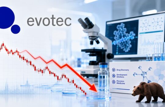 Biotech lab scene with Evotec logo, microscope, vial, and a red downward-trending arrow over a chart, plus a bear figurine near a box.