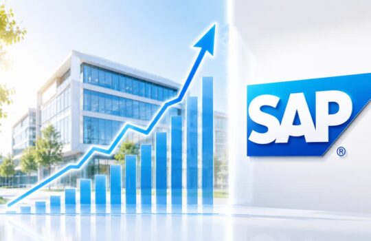 SAP logo with a rising blue bar chart and upward-trending line overlaying a modern office building, suggesting business growth.