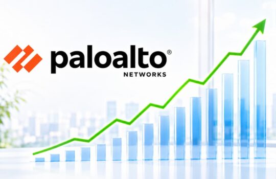 Palo Alto Networks logo beside a rising bar chart with a green growth line indicating upward growth.