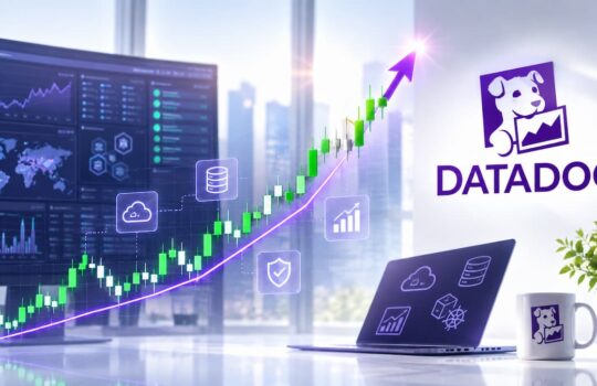 Data analytics screen with a rising candlestick chart and purple trend line, Datadog branding visible on the wall.