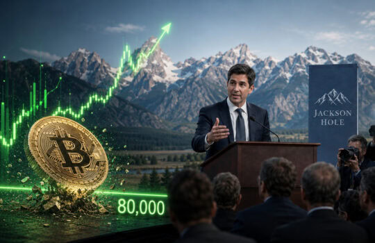 Speaker at a podium with a large Bitcoin coin and rising green chart behind him; Jackson Hole banner and photographers in the foreground.