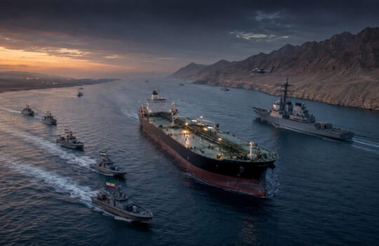 A large tanker is escorted by several tugboats along a coastal channel at sunset, with rocky mountains in the background.