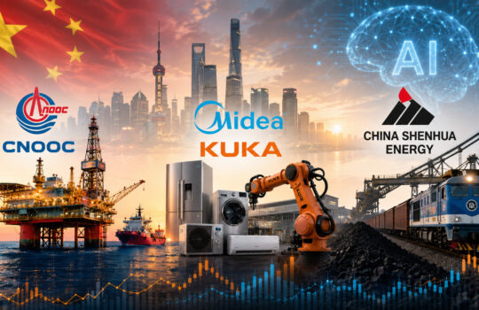 Collage of China’s industry: offshore oil rig, city skyline, robotic arm, home appliances, train, and logos (CNOOC, Midea, KUKA, China Shenhua) with an AI motif.