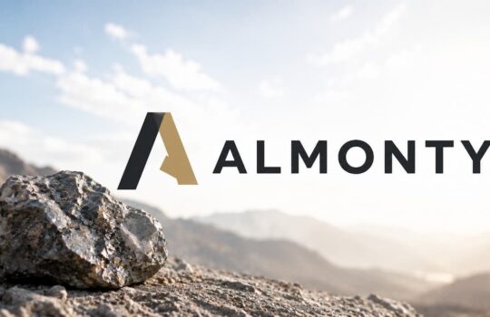 ALMONTY logo with a stylized A over a rocky, mountainous landscape in bright, sunlit scenery.