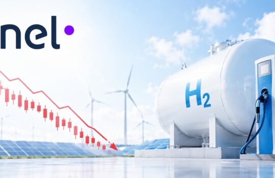 Nel logo with a large hydrogen (H2) storage tank in a sunny renewable-energy setting; a red downward trend line/arrow overlays the scene.