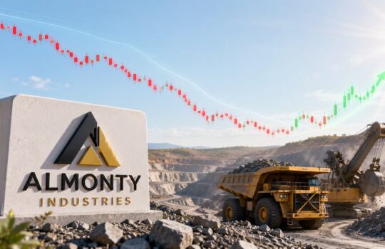 Mining site with Almonty Industries sign, a large dump truck and excavator at work; stock chart shows an upward trend in the sky.