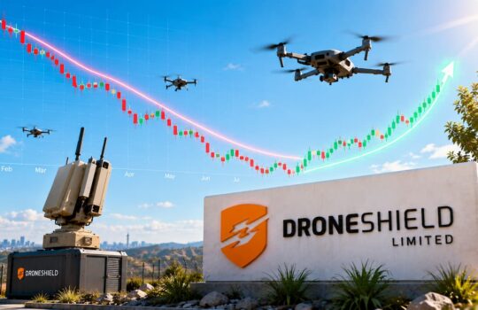 DroneShield Limited sign with orange shield logo, drones in the sky, and a rising stock-chart overlay in blue sky.