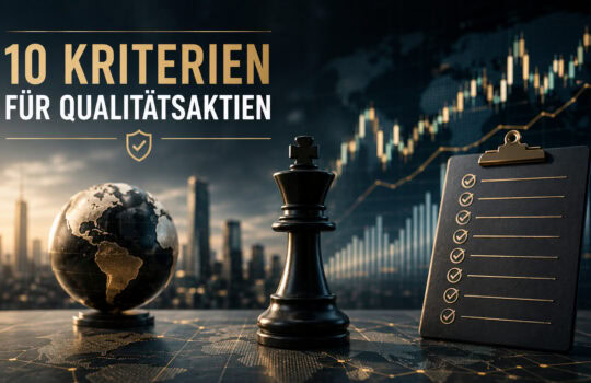 Titel '10 Kriterien für Qualitätsaktien' mit Globus, Schachkönig und Checkliste vor Börsenchart. (informativ)