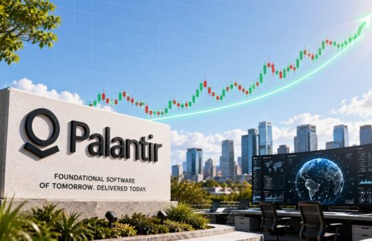 Palantir sign at a tech campus with a rising stock-chart arc above and a futuristic city skyline behind it.