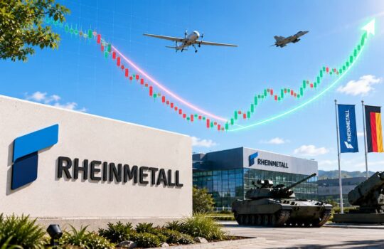 Rheinmetall campus with tanks on display and a rising stock chart arc in the sky above the building complex.