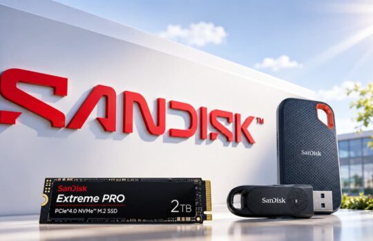 SanDisk Extreme PRO 2TB NVMe M.2 SSD with a portable SSD and USB drive on a white display surface.