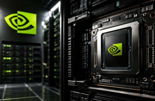 Server rack in a data center with a close-up of a GPU board showing a bright green Nvidia logo.
