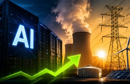 AI data center beside a power plant with a wind turbine and solar panels at sunset, signaling AI-powered green energy growth