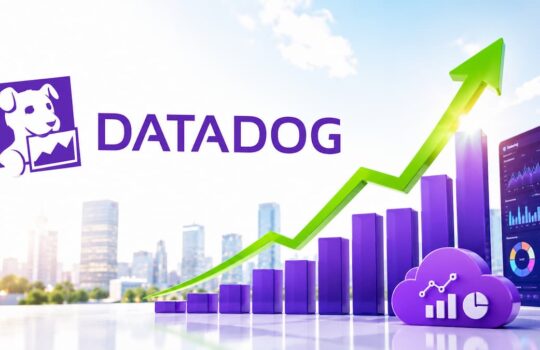 Datadog logo with a rising green arrow over a purple bar chart and cloud icon, set against a city skyline and data dashboards in the background.