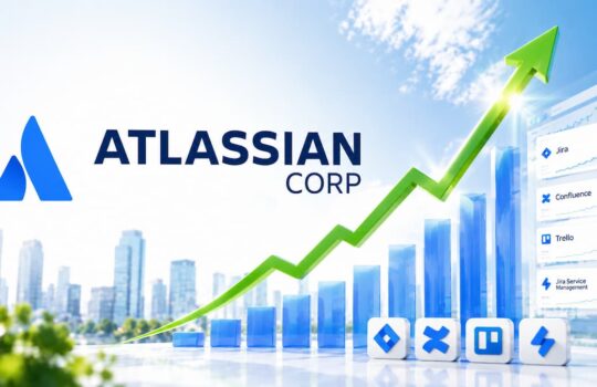 Atlassian logo with green upward growth arrow over blue bar chart and product icons in a cityscape backdrop, symbolizing growth.