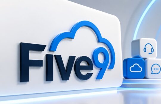 Five9 cloud branding featuring a blue cloud logo on a white panel with stacked cubes showing cloud, chat, and headset icons for support