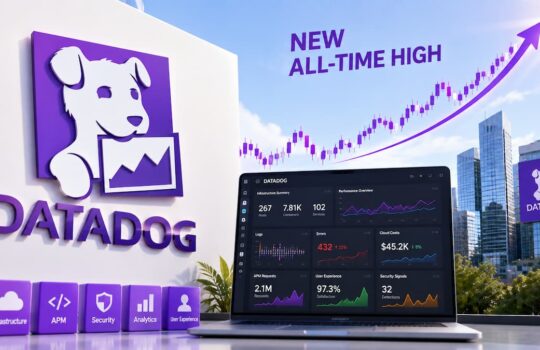 Datadog logo on a white wall with purple blocks labeled Infrastructure, APM, Security, Analytics, and User Experience, a laptop showing a dark analytics dashboard, and a city skyline in the background with 'NEW ALL-TIME HIGH' text in the sky.