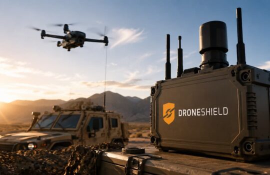 Close-up of a DRONESHIELD anti-drone device on a rugged case, with a quadcopter hovering in a desert landscape at sunset.