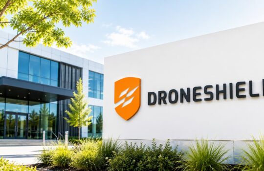 Exterior view of a modern office building with a large orange shield logo and the word 'DRONESHIELD' on a white wall.