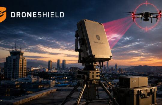 DroneShield drone defense setup on a rooftop with a quadcopter being targeted by a red crosshair against a sunset cityscape urban backdrop