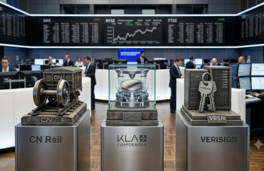 Three metallic display sculptures on pedestals representing CN Rail, KLA Corporation, and Verisign in a busy stock exchange trading floor.