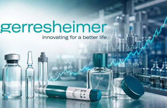 Assorted pharmaceutical glass bottles, vials, and a syringe on a lab bench with a blue data-graph backdrop.