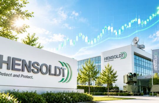 Front view of HENSOLDT headquarters with a large sign, trees, and a radar display on the lawn, with an upward stock-chart graphic in the sky.