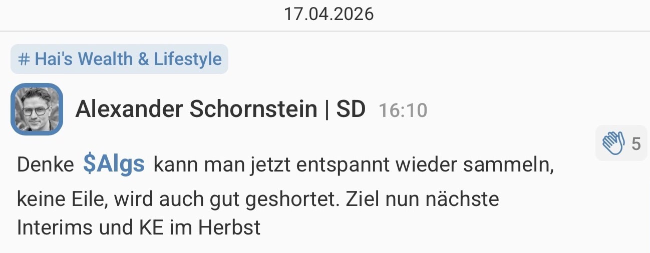 Social post by Alexander Schornstein in '# Hai's Wealth & Lifestyle' with profile photo, timestamp 16:10, text in German about calmly resuming collecting dollars and planning interim goals for autumn.
