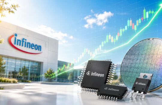 Infineon logo on a modern office building with silicon chips in the foreground and a rising stock chart in the background, depicting tech growth.