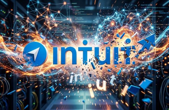 Blue 'Intuit' logo exploding into orange and blue data streams in a server room edge-to-edge.
