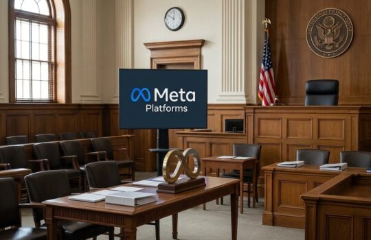 Courtroom interior with wooden benches and a judge's bench; screen displays the Meta Platforms logo.