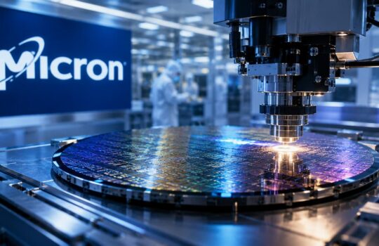 Close-up of a precision machine processing a silicon wafer in a Micron fabrication facility, with the Micron logo in the background.