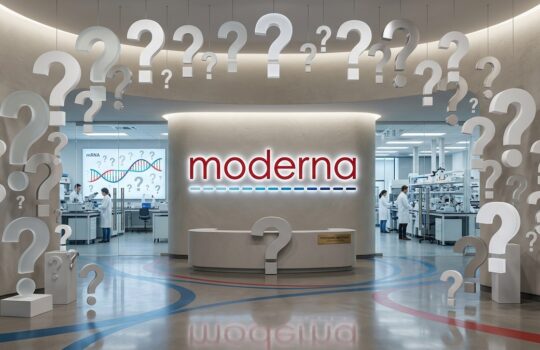 Moderna logo on a curved reception desk inside a high-tech lab lobby with large floating question marks overhead.