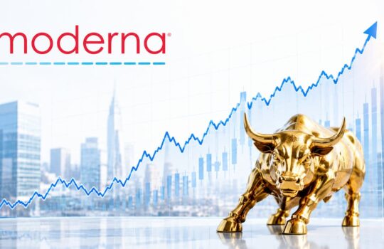 Gold bull statue beside an upward-trending graph with a Moderna logo, indicating stock market growth.