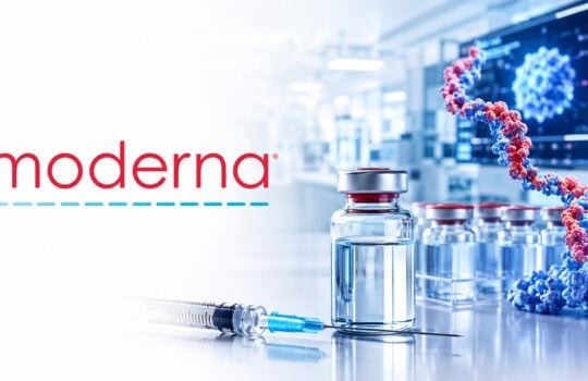 Moderna logo with vaccine vials, a syringe, and a DNA double helix in a modern lab background