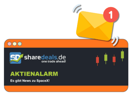 Browser window mockup showing ShareDeals logo and a bold 'AKTIENALARM' alert: 'Es gibt News zu SpaceX!' with a yellow envelope and notification badge indicating a new message.