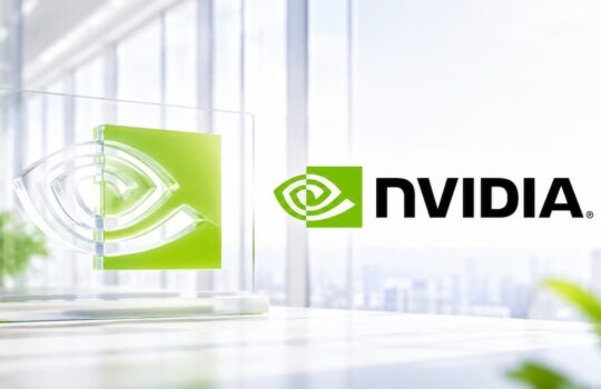 NVIDIA logo with a green glass trophy on a bright office desk, conveying branding and achievement