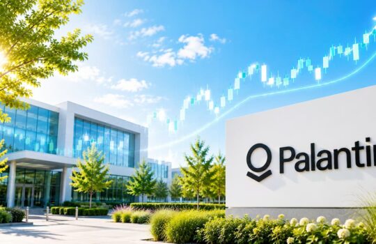 Palantir sign on a modern office campus with glass building and landscaped grounds under a blue sky with a rising stock chart graphic.