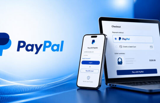 PayPal branding with logo and a smartphone showing PayPal login beside a laptop checkout screen.