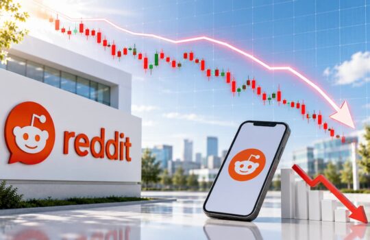 Reddit logo on a sign with a smartphone showing the logo, over a red downward-trending stock chart in the background.