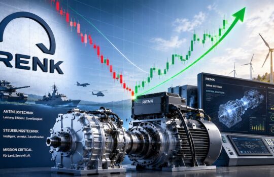 Industrial engineering scene with large RENK gearboxes, a high-tech control console, and a green upward trend arrow suggesting growth; wind turbines and ships in the background.