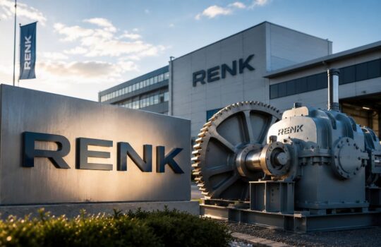 Industrial exterior with a large RENK sign and heavy gear machinery in the foreground
