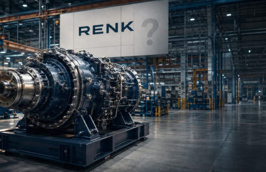 Large industrial turbine-like machine mounted on a blue base inside a spacious factory floor.