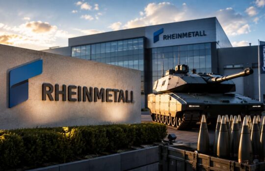 Rheinmetall headquarters with a large sign reading RHEINMETALL, a military tank on display, and cones in the foreground at sunset.